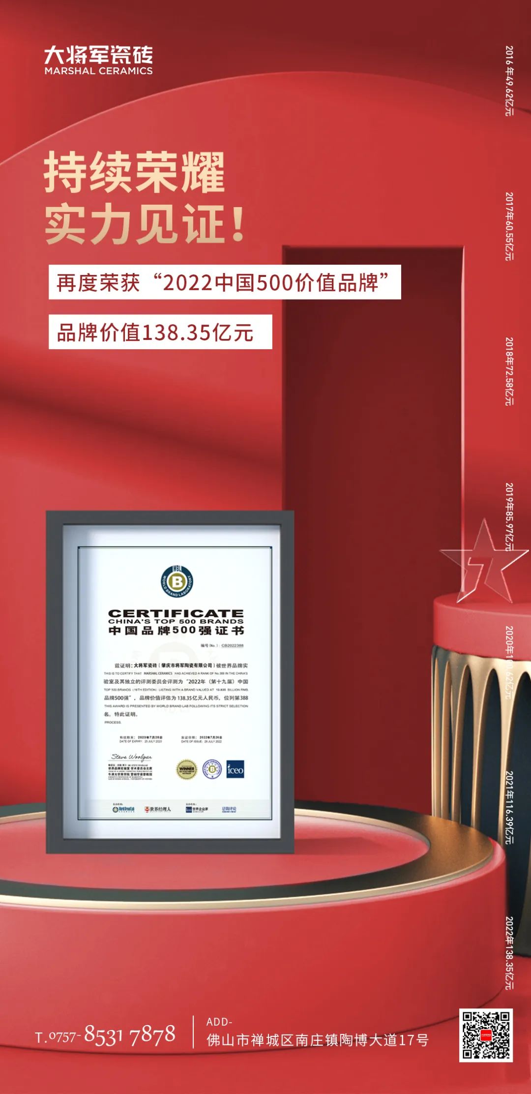 步履不停！138.35億元！大將軍瓷磚連續7年上榜中國500價(jià)值品牌！(圖3)